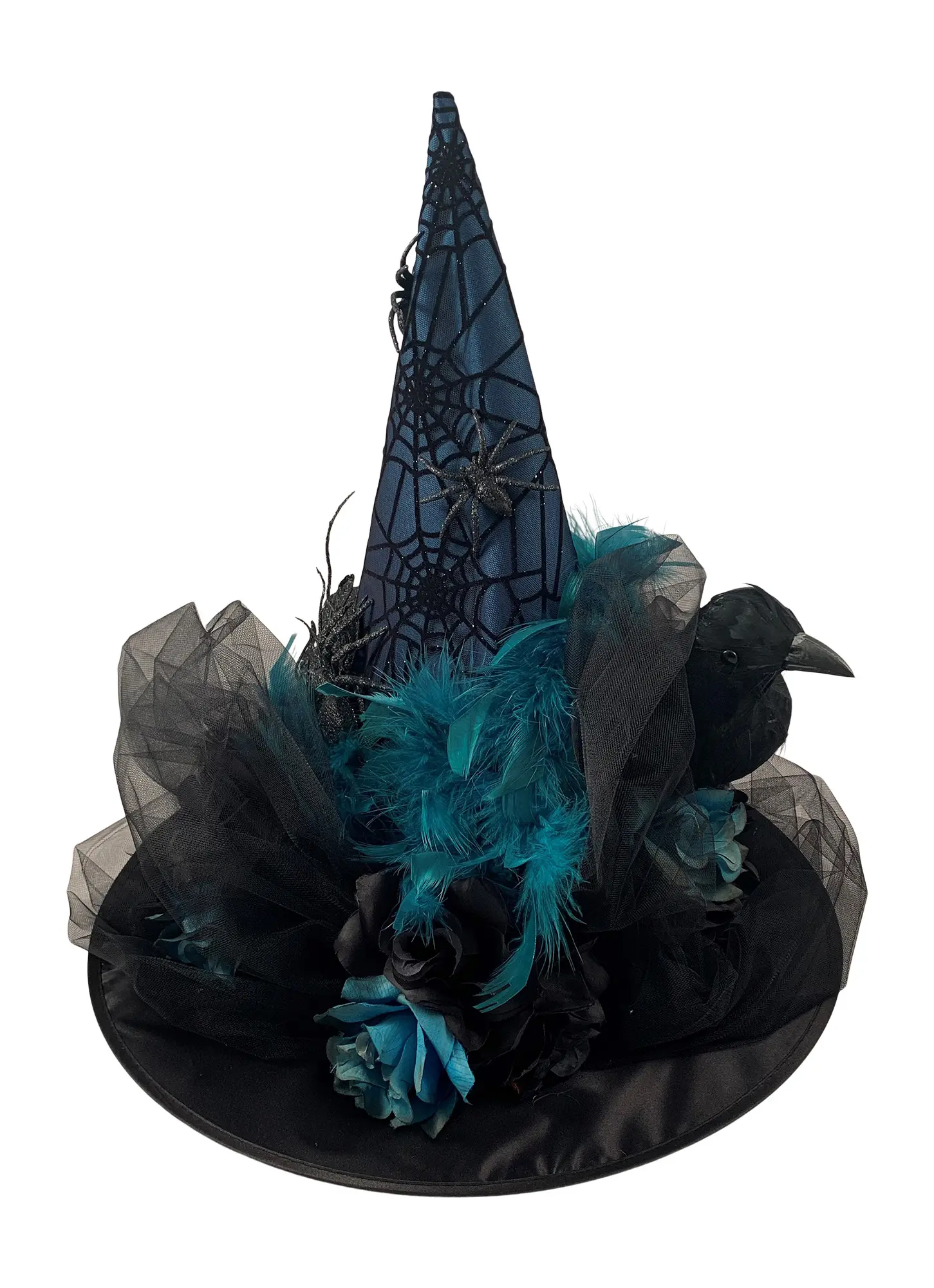 Black Witch Hat w/Turquoise and Large Black Feather Crow 